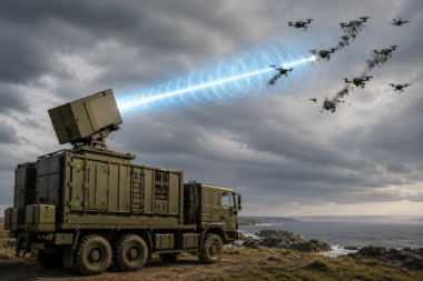 Le Royaume-Uni teste une nouvelle arme électromagnétique, le Rapid Destroyer capable de neutraliser des essaims de drones pour quelques centimes seulement. Une innovation qui pourrait transformer les stratégies de Défense face aux attaques massives. Image générée par IA
