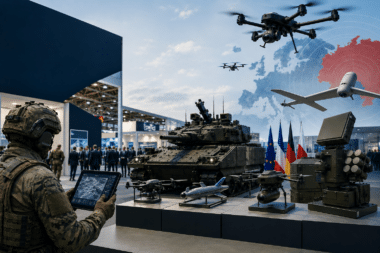 Le salon Eurosatory 2026 ouvre ses portes dans un contexte de tensions croissantes en Europe. Les drones, omniprésents sur les stands, s'imposent comme l'équipement central des conflits modernes. Illustration générée par l'IA