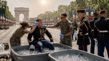Face à la canicule lors du défilé du 14 juillet 2026, l’armée a installé des bassins de refroidissement, mobilisé 80 soignants et prévu 400 kg de glace sur les Champs-Élysées. Image générée par IA