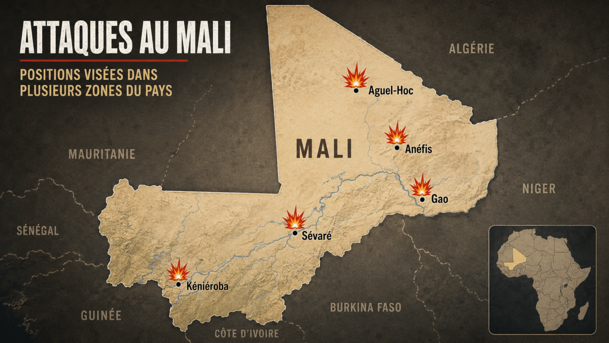 Le Mali a été visé par plusieurs attaques coordonnées contre des positions militaires. L’armée affirme avoir repris le contrôle, mais la pression sécuritaire reste forte. Image générée par IA